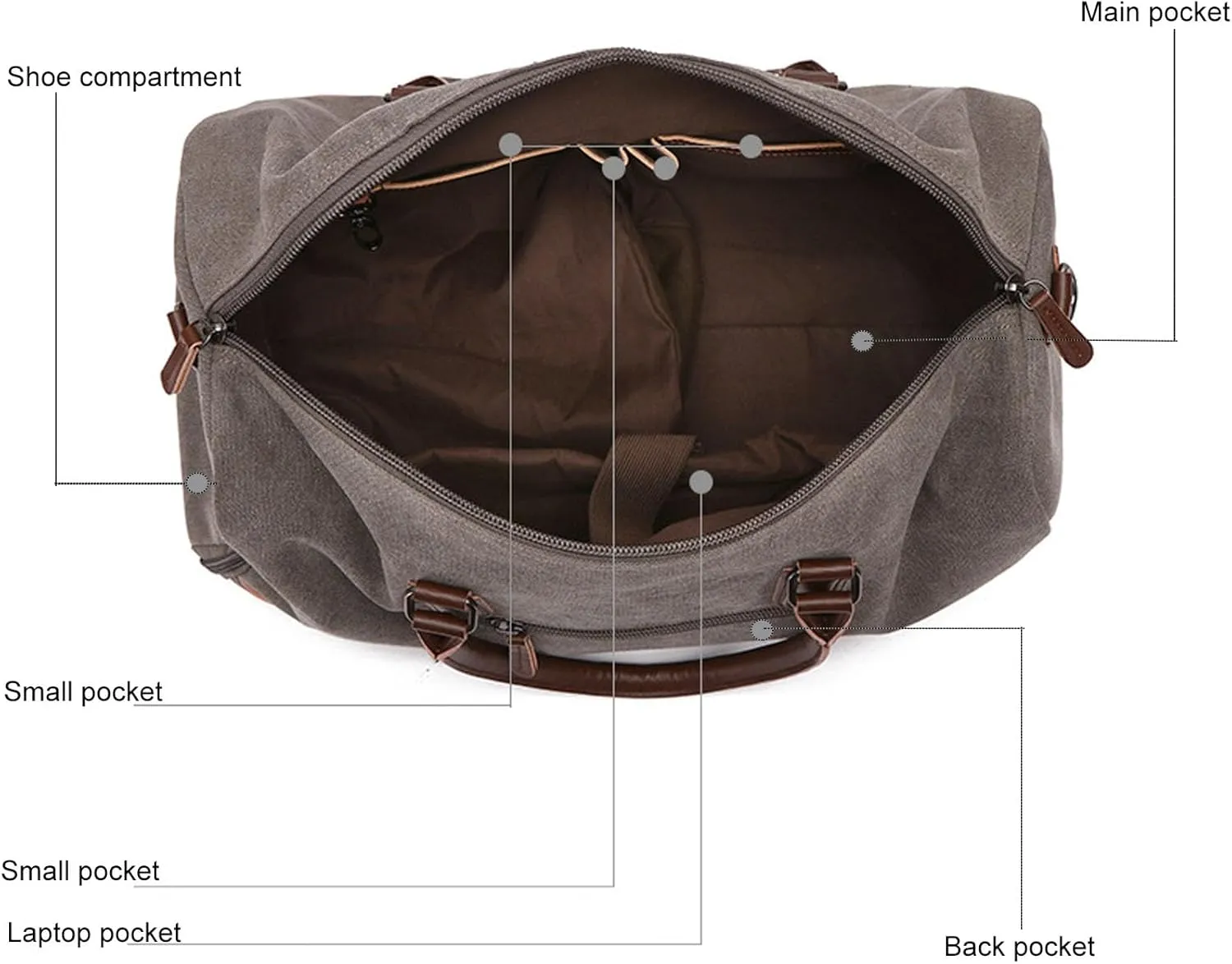 55L Large Sports Travel Duffle Bag for Men,Canvas Leather Weekender Overnight Bag with Shoes Compartment,Vintage Carry on Duffel Bag (grey)