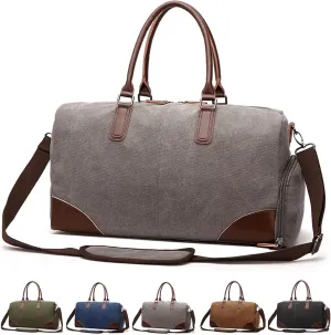 55L Large Sports Travel Duffle Bag for Men,Canvas Leather Weekender Overnight Bag with Shoes Compartment,Vintage Carry on Duffel Bag (grey)