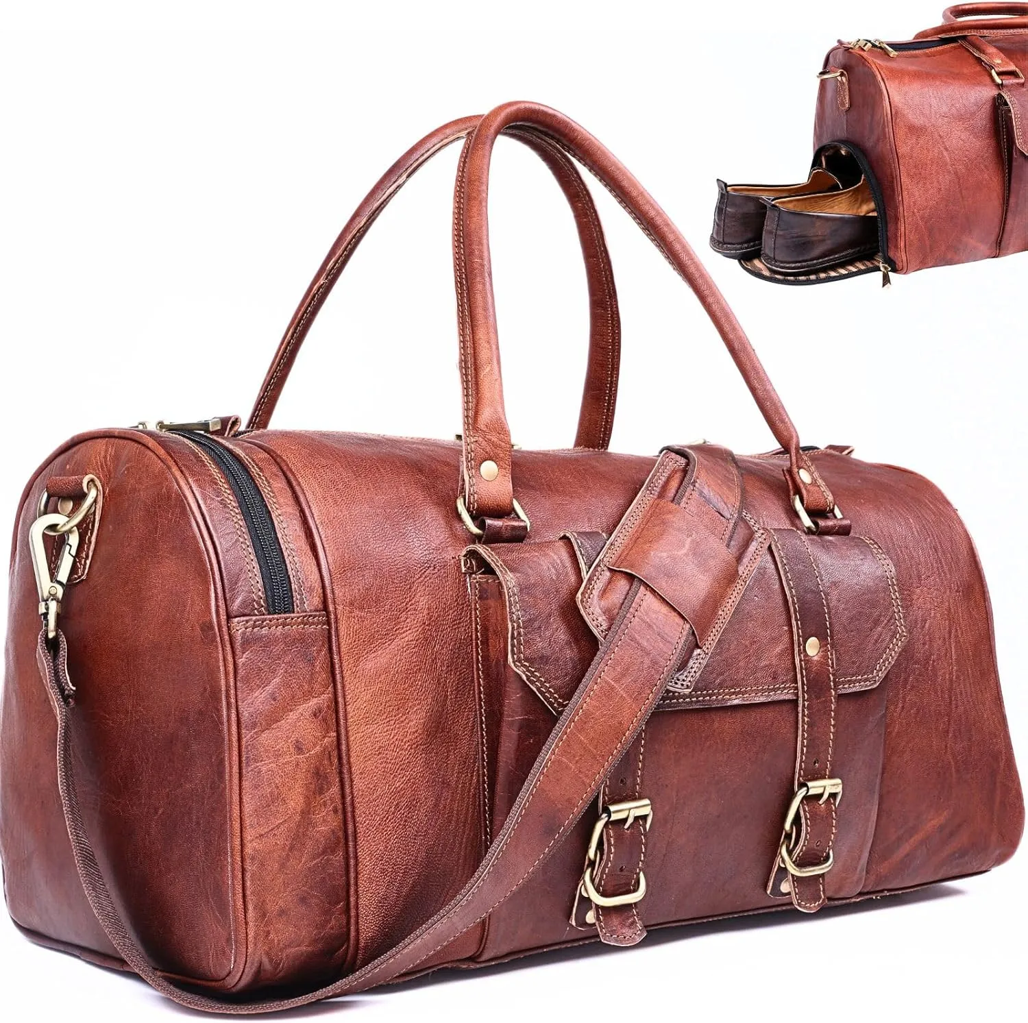 ANUENT Genuine Leather Duffel Bags for Traveling Vintage Carry on Duffle Bags for Airplanes, Gym, & Weekender Bag with Shoe Compartment Mens Brown Overnight Garment Travel Luggage