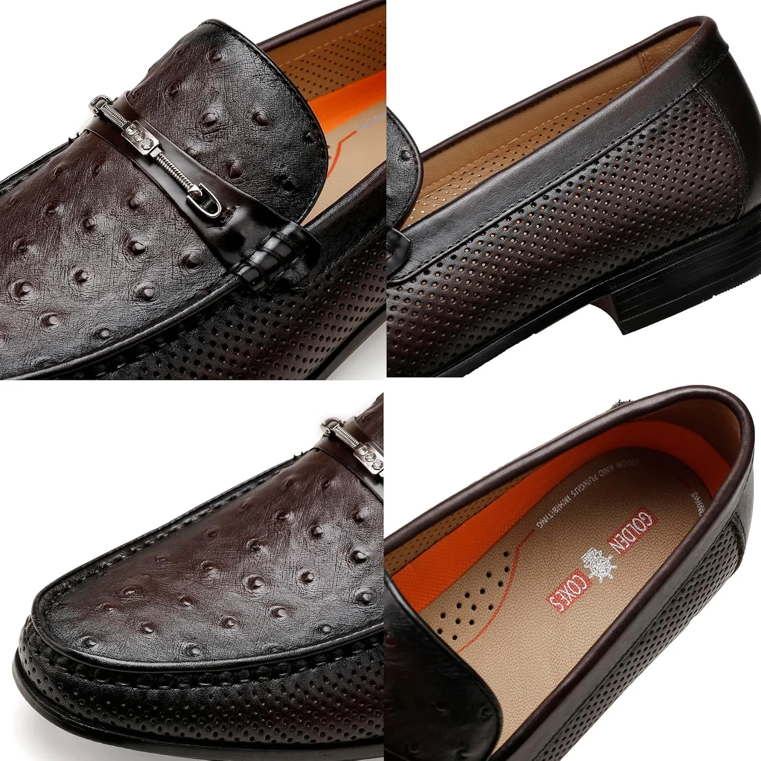 Black Men's Leather Dress Shoes, Casual Ostrich Print Slip on Loafer Moc Toe Metal Buckle Penny Formal Shoes for Mens