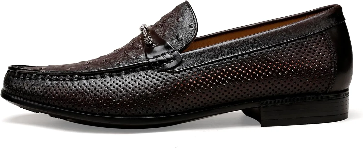 Black Men's Leather Dress Shoes, Casual Ostrich Print Slip on Loafer Moc Toe Metal Buckle Penny Formal Shoes for Mens