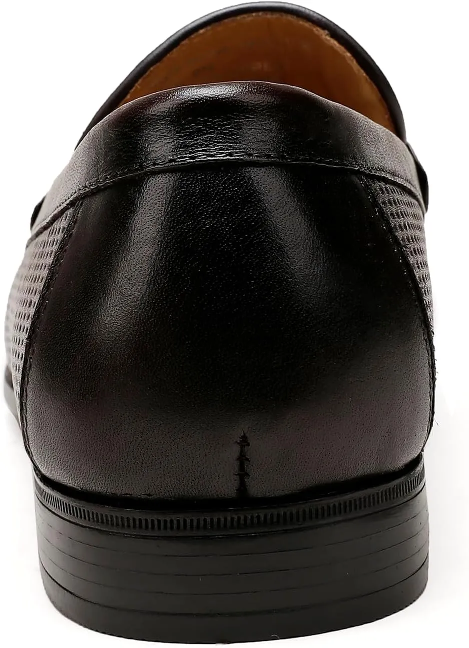 Black Men's Leather Dress Shoes, Casual Ostrich Print Slip on Loafer Moc Toe Metal Buckle Penny Formal Shoes for Mens