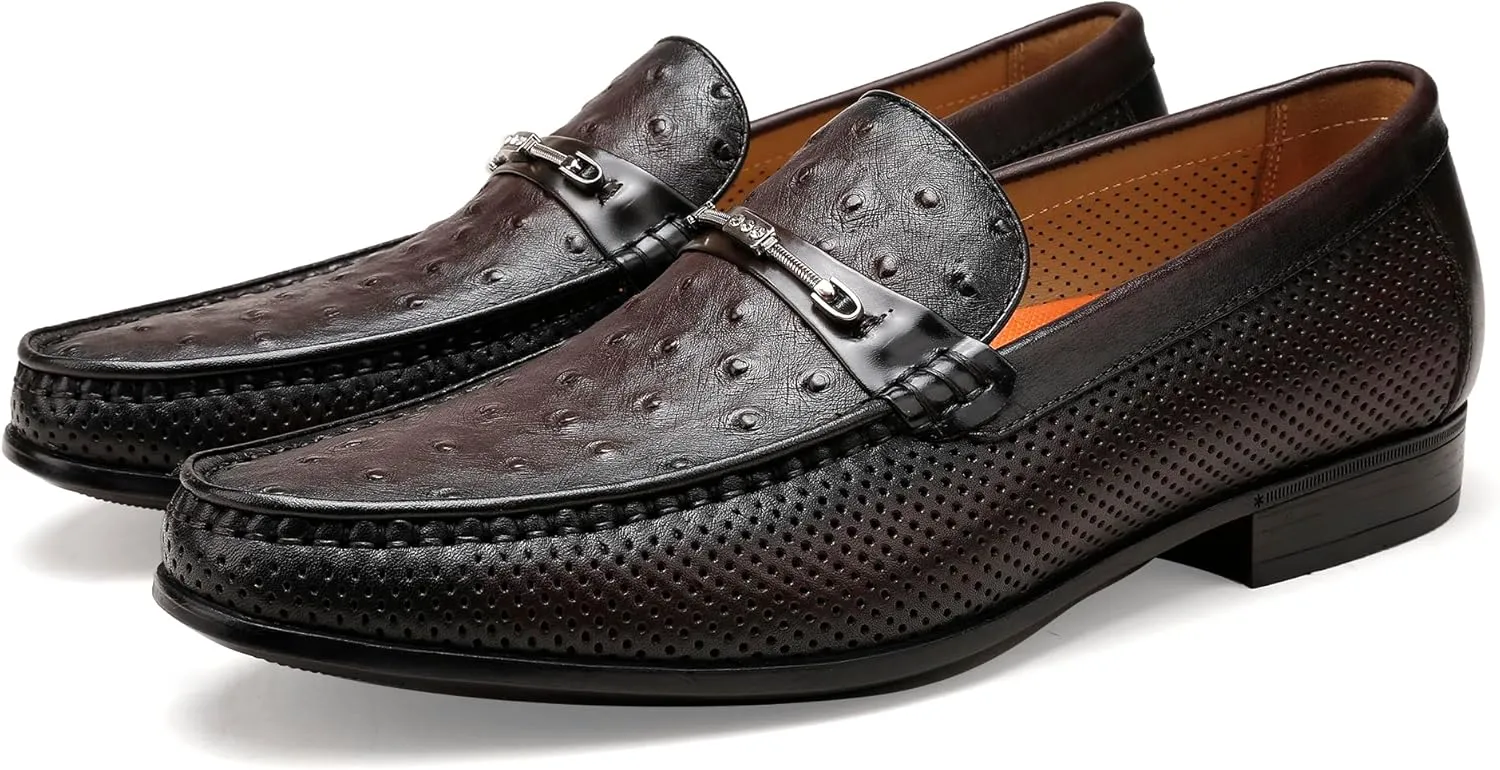 Black Men's Leather Dress Shoes, Casual Ostrich Print Slip on Loafer Moc Toe Metal Buckle Penny Formal Shoes for Mens