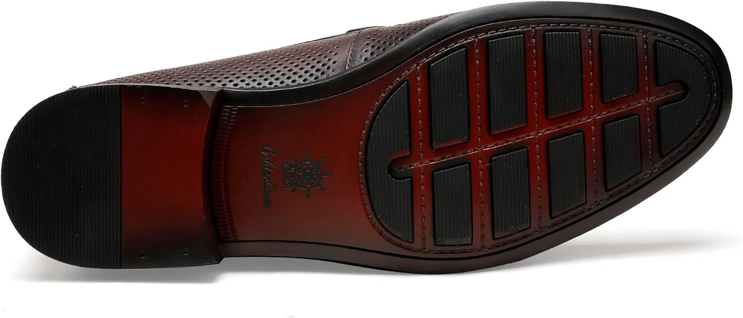 Black Men's Leather Dress Shoes, Casual Ostrich Print Slip on Loafer Moc Toe Metal Buckle Penny Formal Shoes for Mens