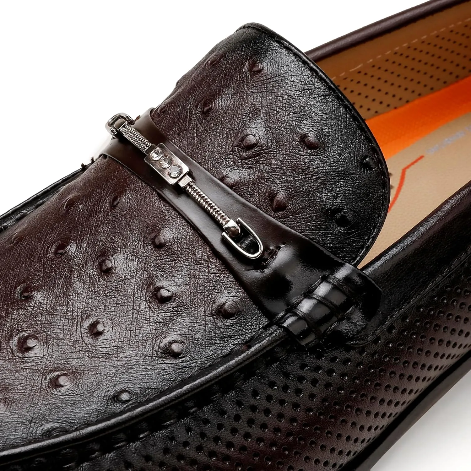 Black Men's Leather Dress Shoes, Casual Ostrich Print Slip on Loafer Moc Toe Metal Buckle Penny Formal Shoes for Mens