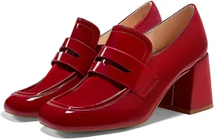 Coutgo Womens Loafer Heels Block Chunky Heeled Penny Loafers Slip On Square Toe Business Work Dress Shoes