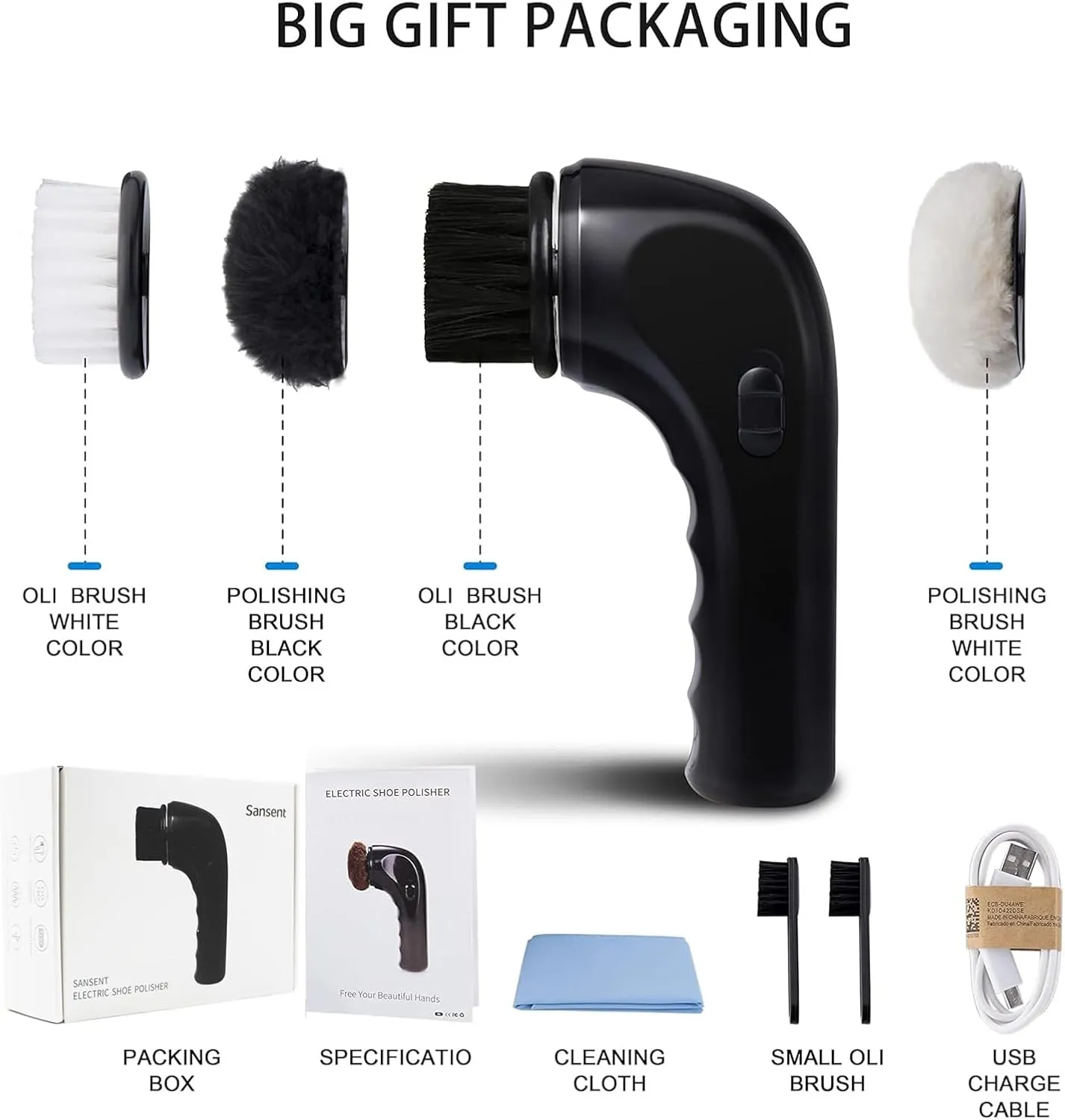 Electric Shoe Shine Kit, Sansent Electric Shoe Polisher Brush Shoe Shiner Dust Cleaner Portable Leather Care Kit for Shoes (Black, M)