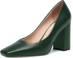 FOGEENA Womens Casual Square Toe Business Slip On Matte Leather Block High Heel Pumps Shoes 3.34 Inch