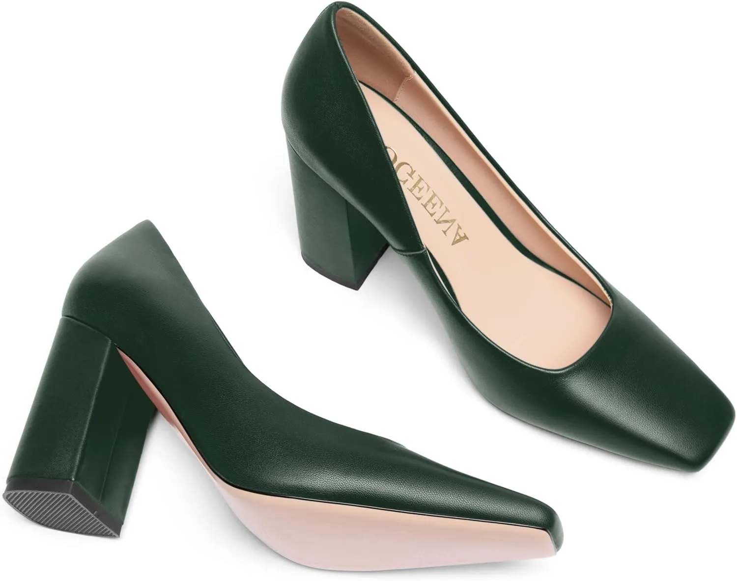 FOGEENA Womens Casual Square Toe Business Slip On Matte Leather Block High Heel Pumps Shoes 3.34 Inch