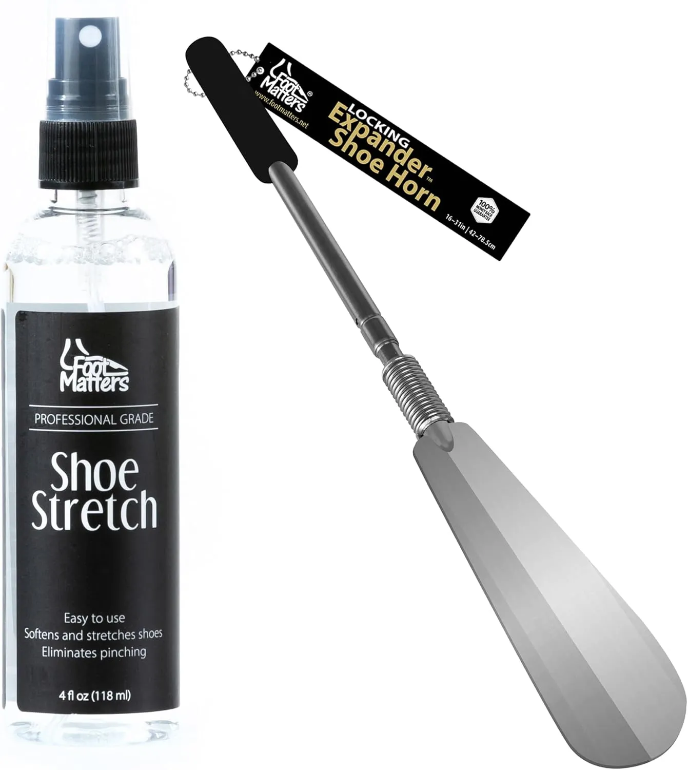 FOOTMATTERS Shoe Stretcher Spray with Telescopic Shoe Horn – Stretches Leather & Helps Slip Into Shoes Fast