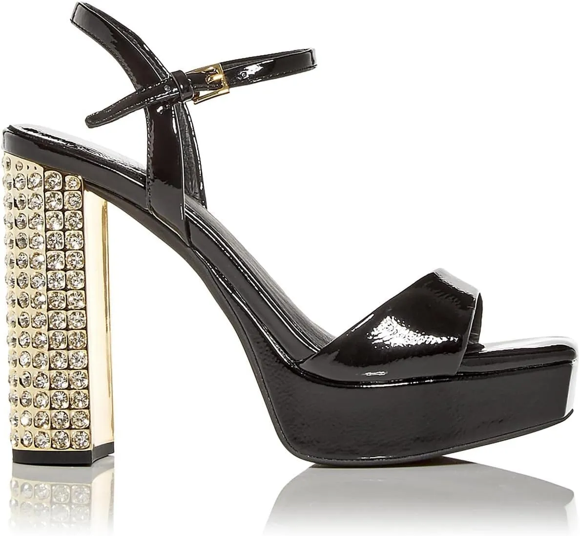 Jeffrey Campbell Dias Black Crinkle Patent Gold Jeweled Block Heeled Sandals, 10
