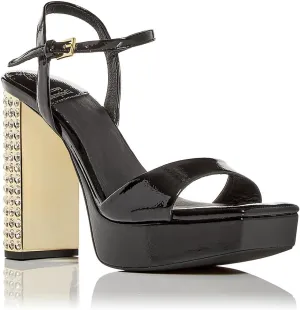 Jeffrey Campbell Dias Black Crinkle Patent Gold Jeweled Block Heeled Sandals, 10