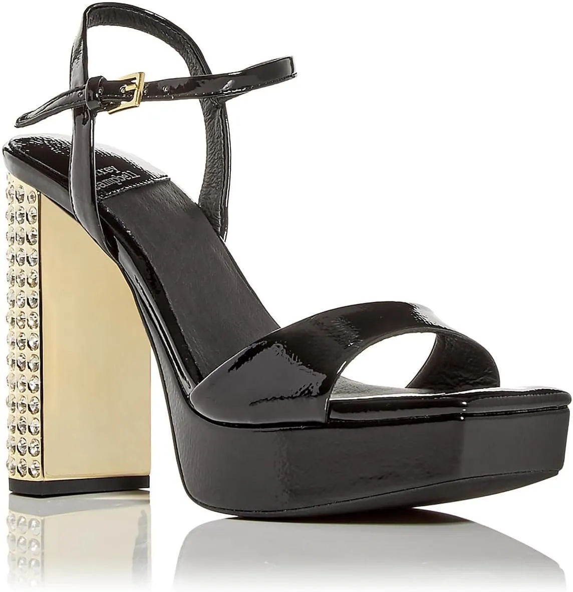 Jeffrey Campbell Dias Black Crinkle Patent Gold Jeweled Block Heeled Sandals, 10