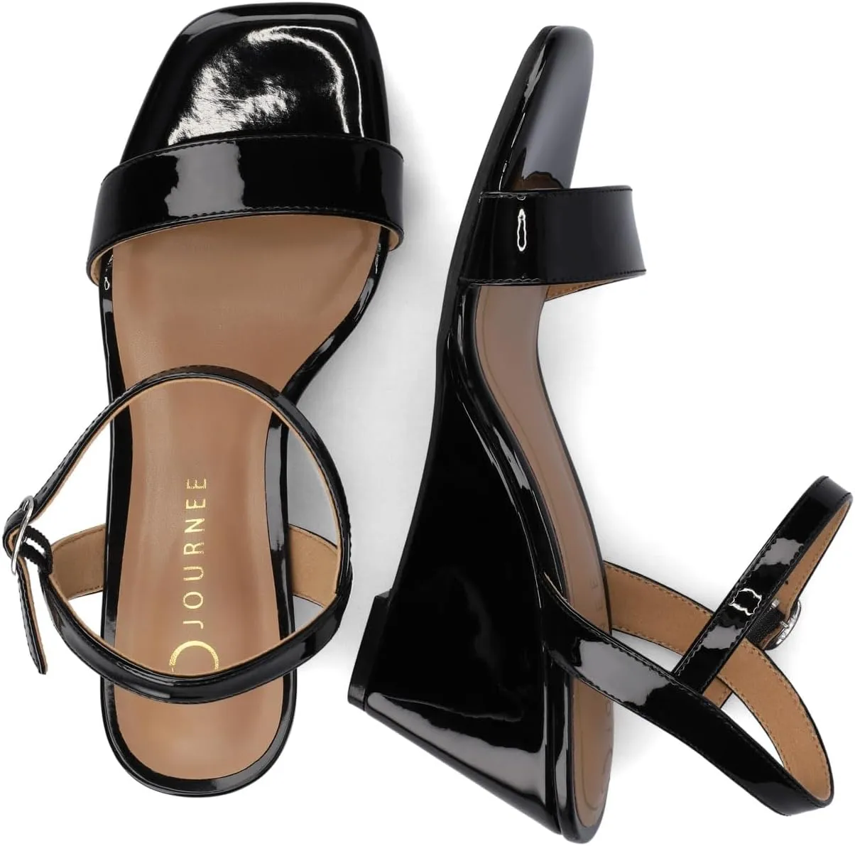 Journee Womens cushioned footbed Dressy Wedge Sandal Clayr Faux Leather Wedge Heel Ankle Straps 2-3 Inch Heel Open Toe