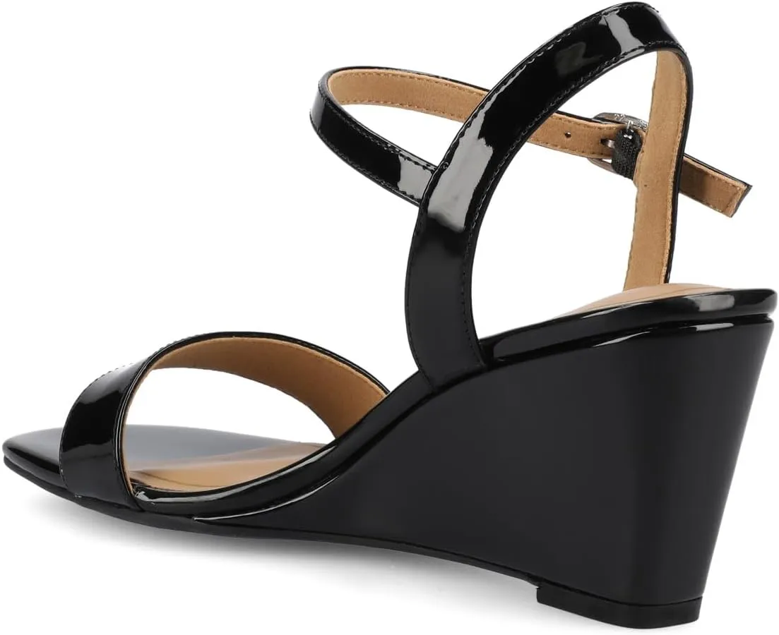 Journee Womens cushioned footbed Dressy Wedge Sandal Clayr Faux Leather Wedge Heel Ankle Straps 2-3 Inch Heel Open Toe