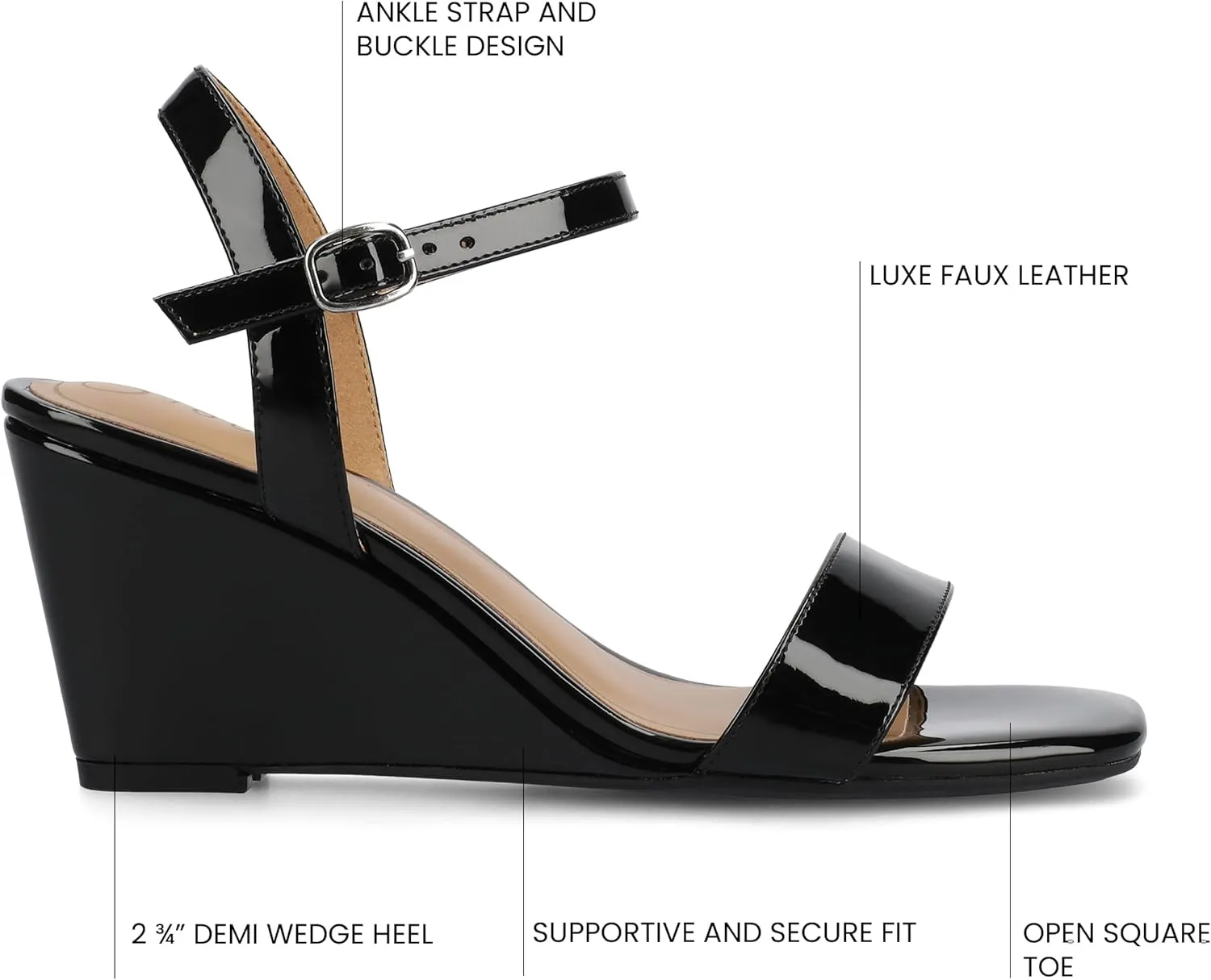 Journee Womens cushioned footbed Dressy Wedge Sandal Clayr Faux Leather Wedge Heel Ankle Straps 2-3 Inch Heel Open Toe