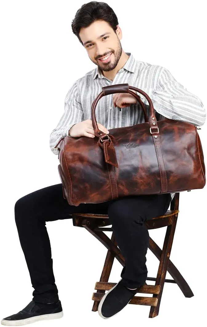 Leather Travel Duffel Bag, 22"Leather Weekender Bag with Shoe Compartment, Handmade Waterproof Duffel Bag for Men&Women, Weekender Overnight Bag with Shoe Pouch (4 Antique Brown)