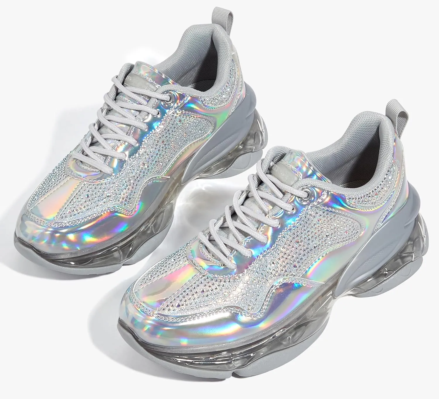 LUCKY STEP Women's Air Cushion Rhinestone Fashion Sneakers Chunky Rave Sparkly Casual Comfortable Walking Shoes