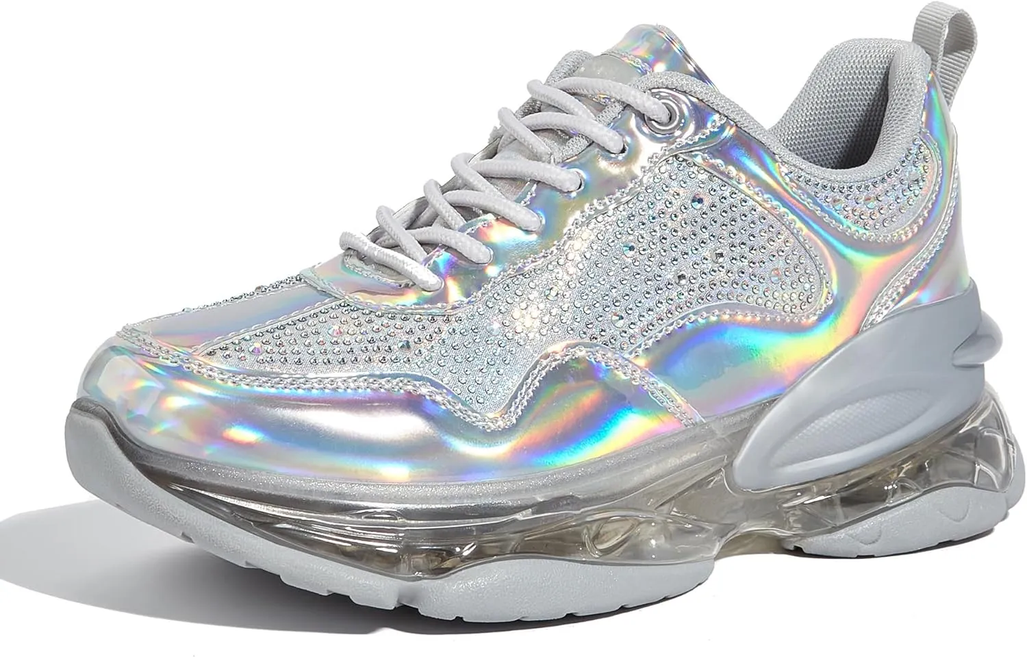 LUCKY STEP Women's Air Cushion Rhinestone Fashion Sneakers Chunky Rave Sparkly Casual Comfortable Walking Shoes