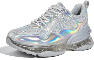 LUCKY STEP Women's Air Cushion Rhinestone Fashion Sneakers Chunky Rave Sparkly Casual Comfortable Walking Shoes