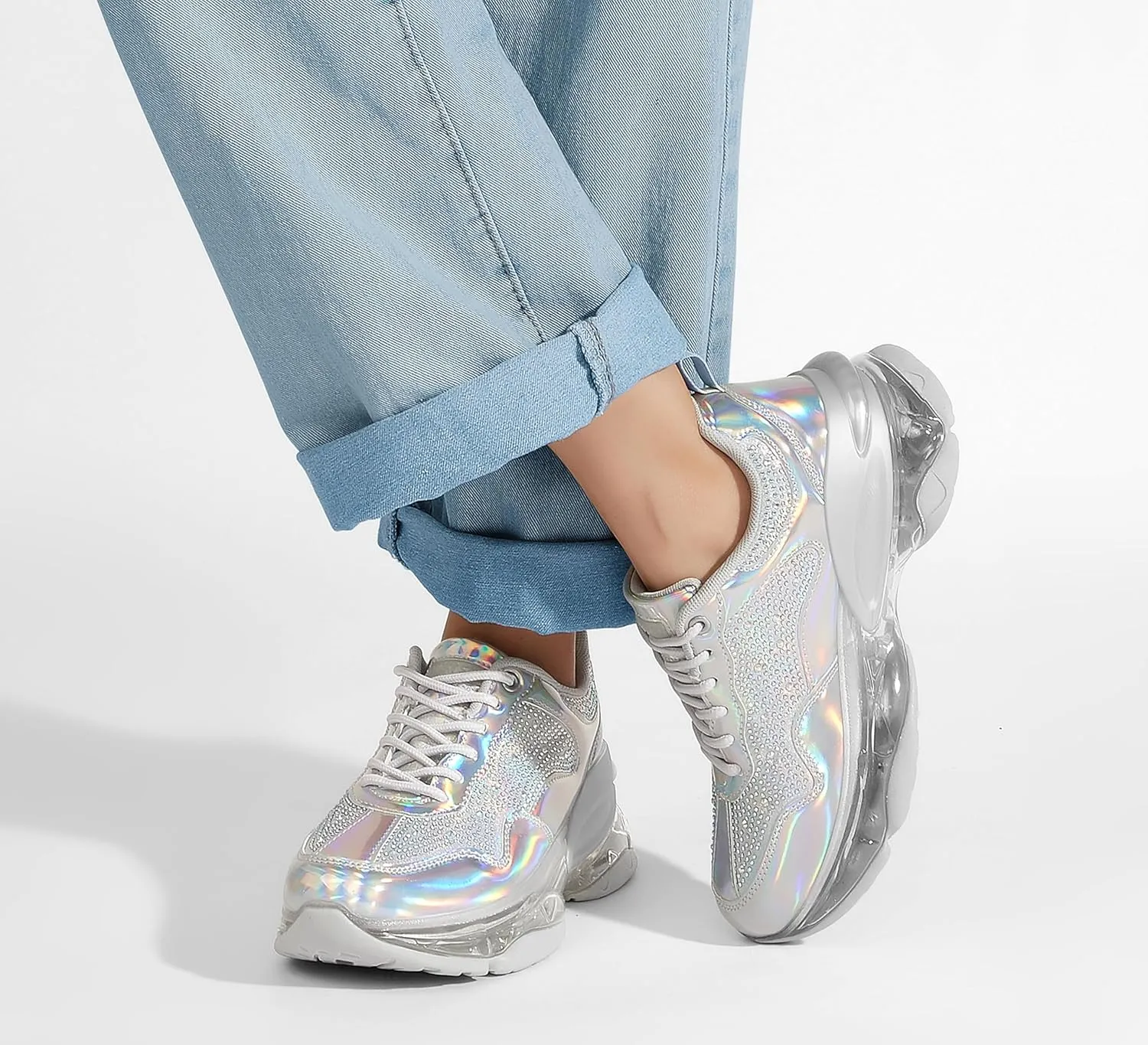 LUCKY STEP Women's Air Cushion Rhinestone Fashion Sneakers Chunky Rave Sparkly Casual Comfortable Walking Shoes