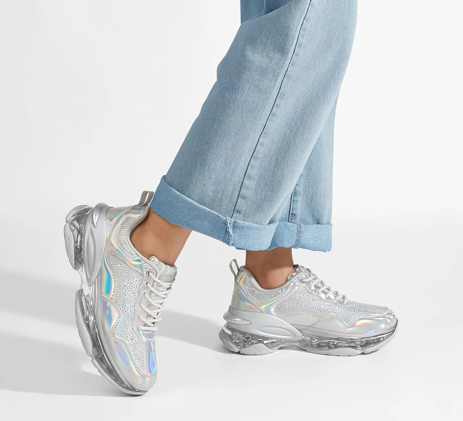 LUCKY STEP Women's Air Cushion Rhinestone Fashion Sneakers Chunky Rave Sparkly Casual Comfortable Walking Shoes