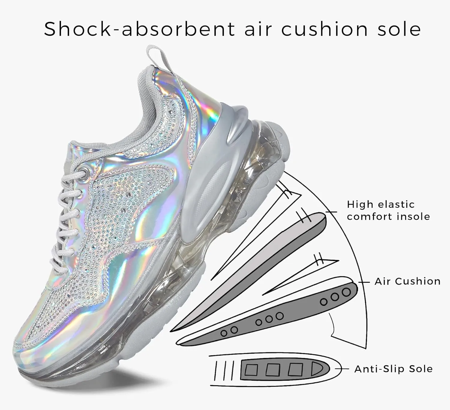 LUCKY STEP Women's Air Cushion Rhinestone Fashion Sneakers Chunky Rave Sparkly Casual Comfortable Walking Shoes