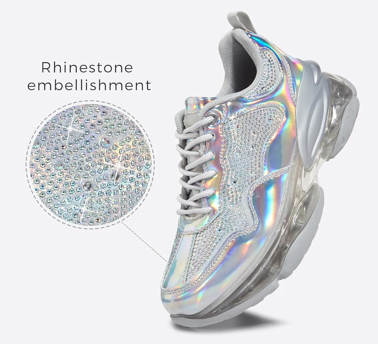LUCKY STEP Women's Air Cushion Rhinestone Fashion Sneakers Chunky Rave Sparkly Casual Comfortable Walking Shoes