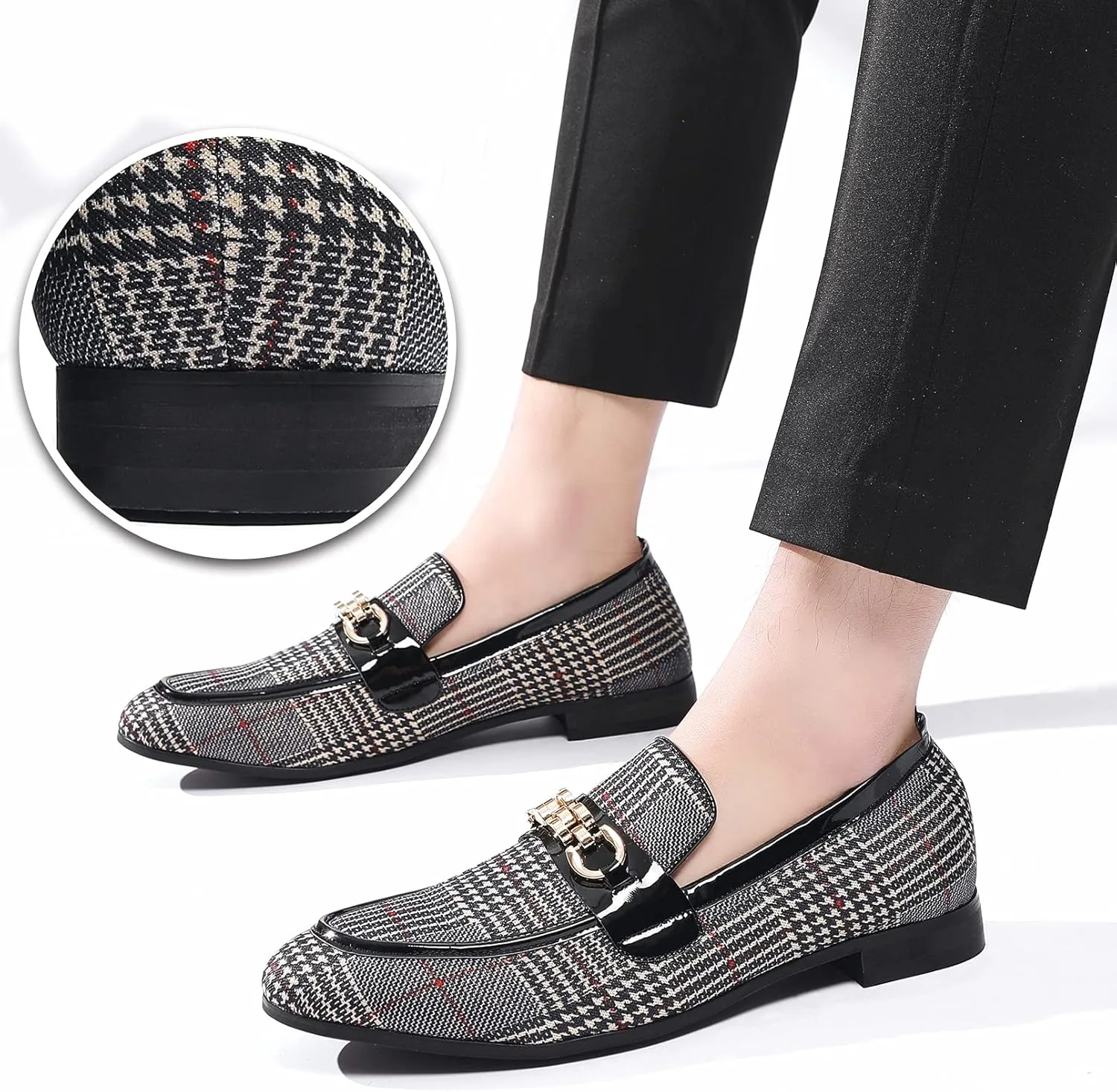 Mens Casual Classic Plaid Loafer with Gold Buckle Penny Slip-On Wedding Party Prom Shoes
