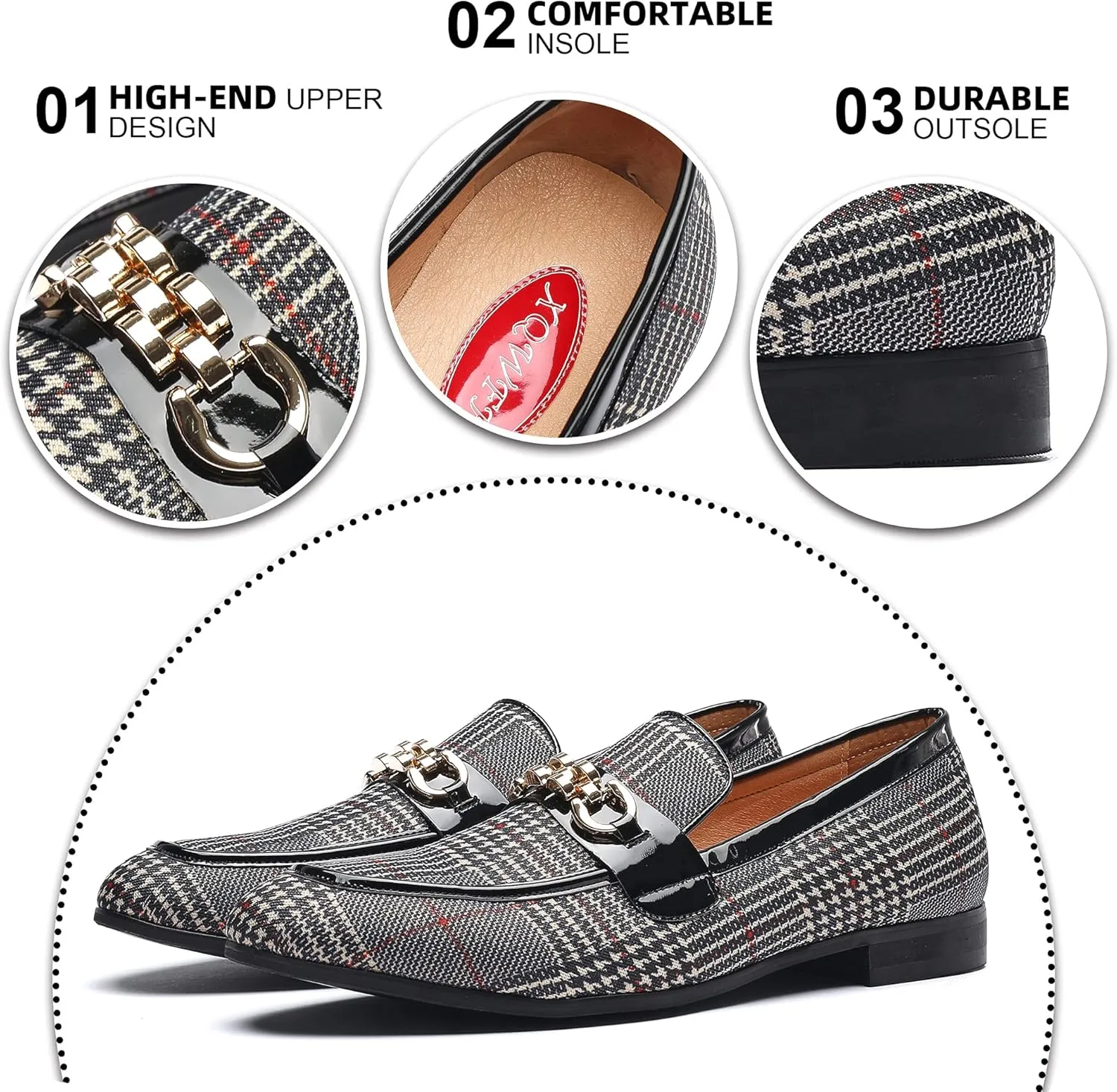 Mens Casual Classic Plaid Loafer with Gold Buckle Penny Slip-On Wedding Party Prom Shoes