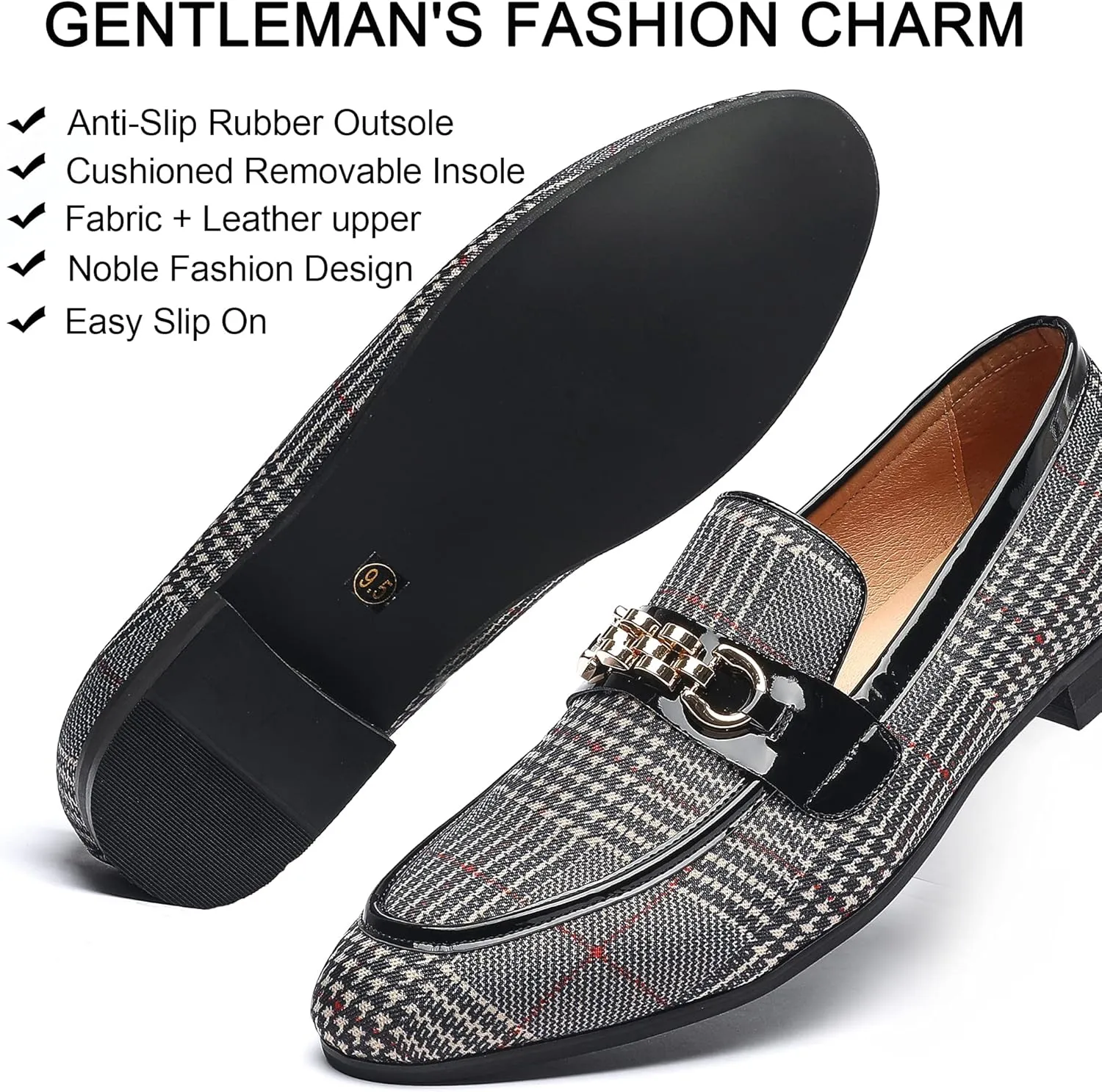Mens Casual Classic Plaid Loafer with Gold Buckle Penny Slip-On Wedding Party Prom Shoes