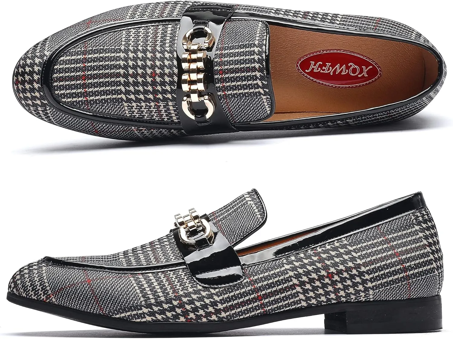 Mens Casual Classic Plaid Loafer with Gold Buckle Penny Slip-On Wedding Party Prom Shoes