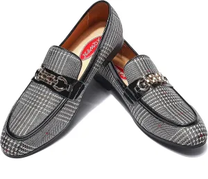 Mens Casual Classic Plaid Loafer with Gold Buckle Penny Slip-On Wedding Party Prom Shoes