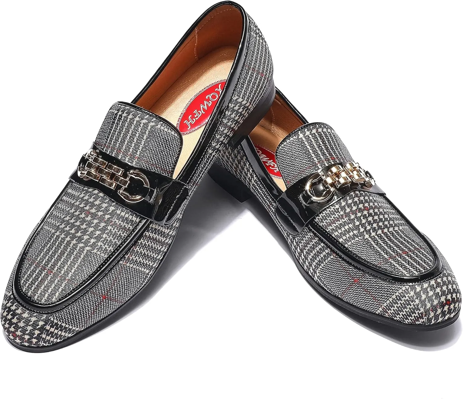 Mens Casual Classic Plaid Loafer with Gold Buckle Penny Slip-On Wedding Party Prom Shoes