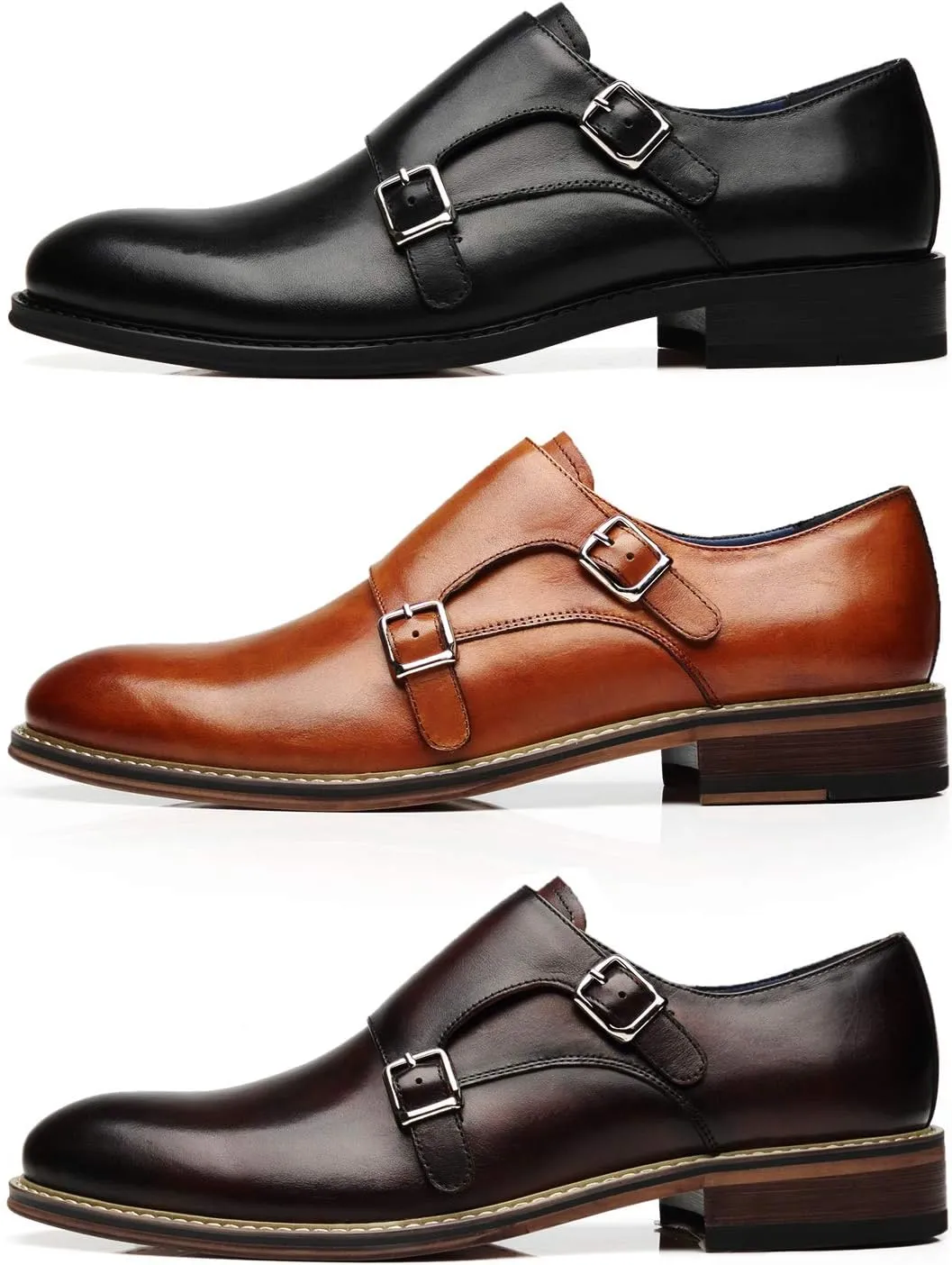 Mens Double Monk Strap Slip on Loafer Cap Toe Leather Oxford Formal Business Casual Comfortable Dress Shoes for Men