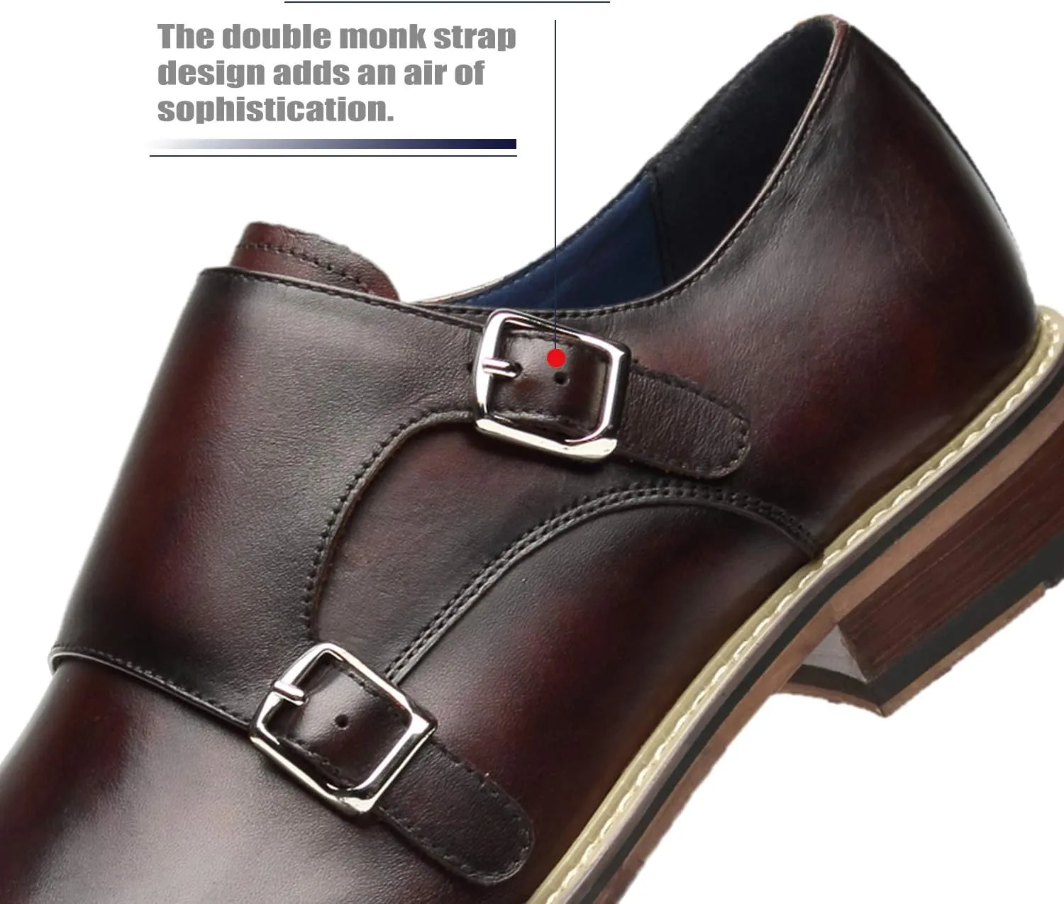 Mens Double Monk Strap Slip on Loafer Cap Toe Leather Oxford Formal Business Casual Comfortable Dress Shoes for Men