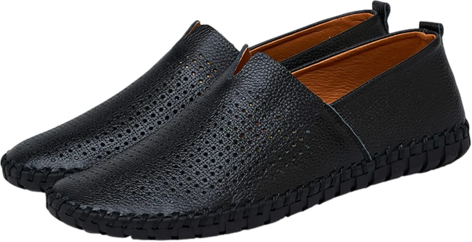 Men's Genuine Leather Loafer Flats Slip-On Soft Handmade Sole Summer Hollowed Casual Driving Shoes