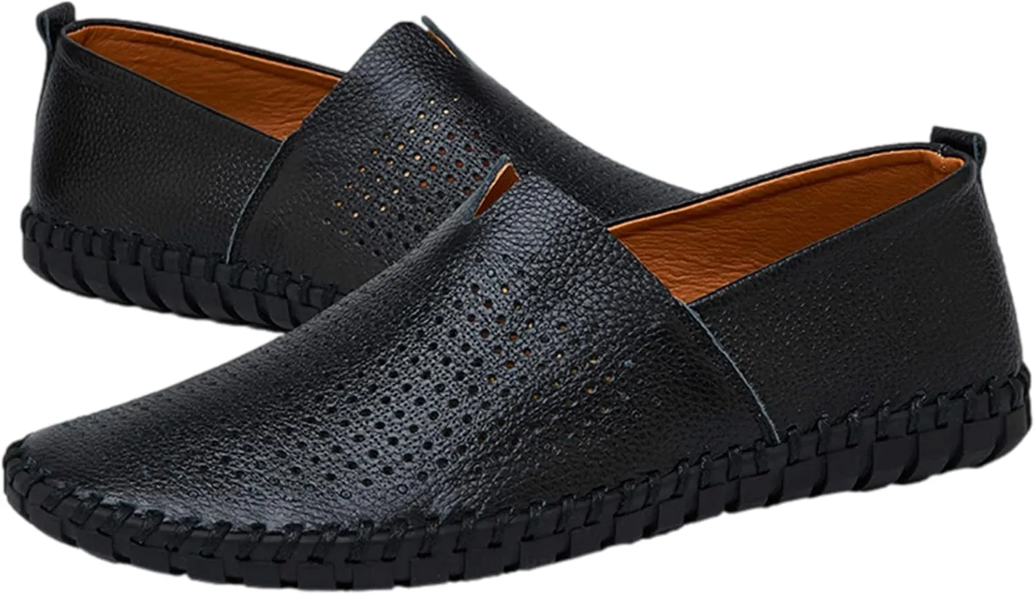 Men's Genuine Leather Loafer Flats Slip-On Soft Handmade Sole Summer Hollowed Casual Driving Shoes