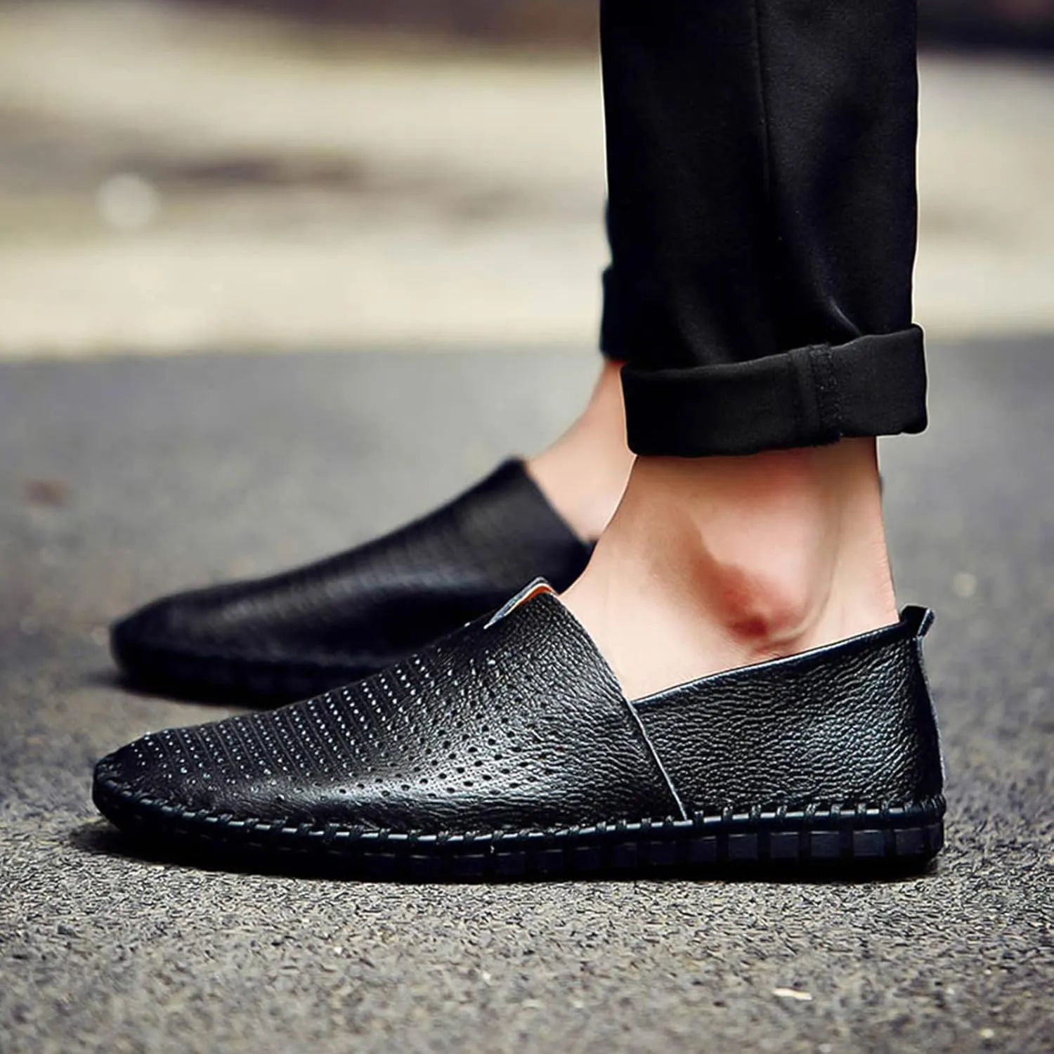 Men's Genuine Leather Loafer Flats Slip-On Soft Handmade Sole Summer Hollowed Casual Driving Shoes