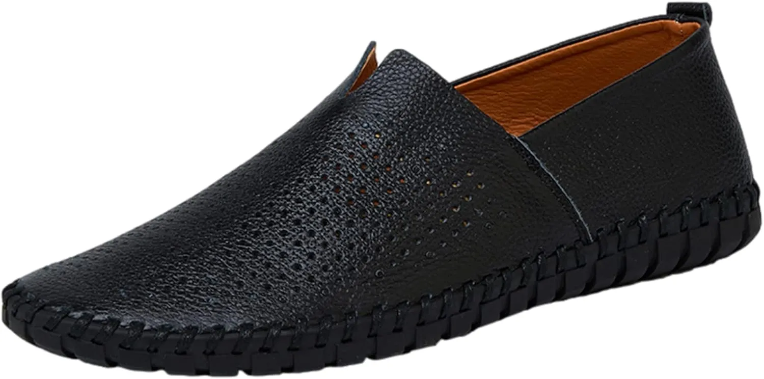 Men's Genuine Leather Loafer Flats Slip-On Soft Handmade Sole Summer Hollowed Casual Driving Shoes