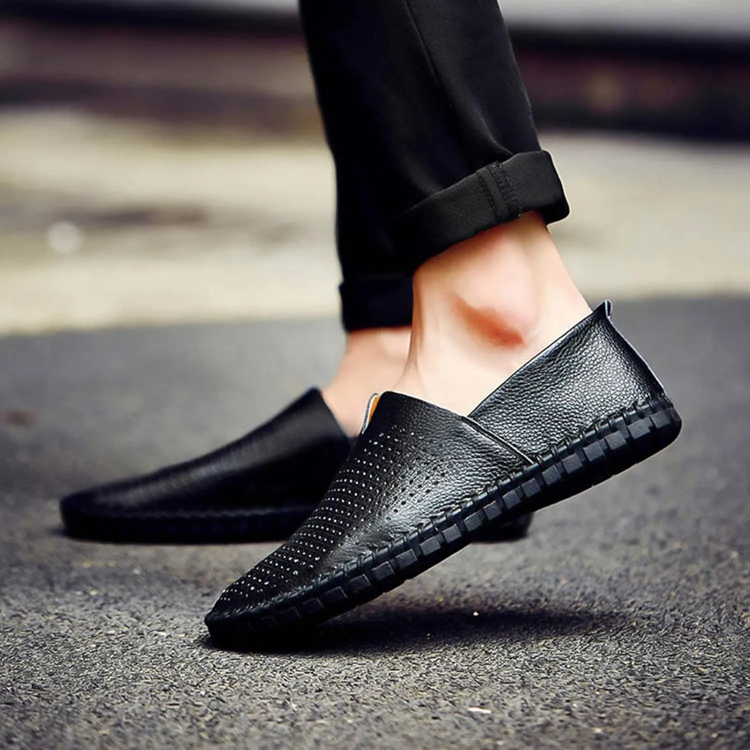 Men's Genuine Leather Loafer Flats Slip-On Soft Handmade Sole Summer Hollowed Casual Driving Shoes