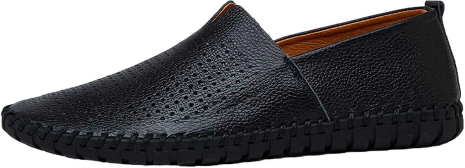 Men's Genuine Leather Loafer Flats Slip-On Soft Handmade Sole Summer Hollowed Casual Driving Shoes