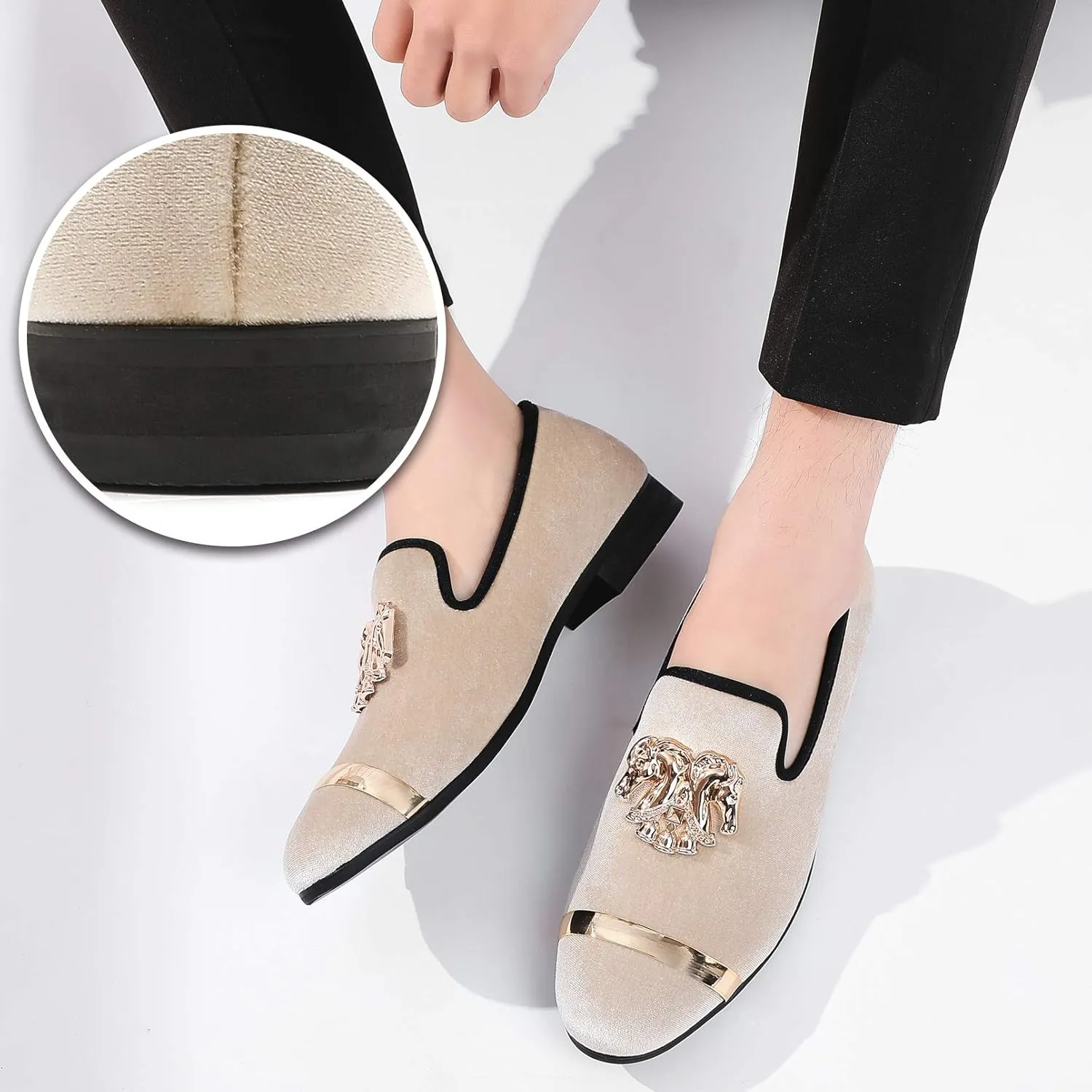 Mens Rhinestone Loafers Velvet Tuxedo Dress Shoes with Gold Plate Smoking Slippers Slip-On Penny Party Wedding Casual Shoes