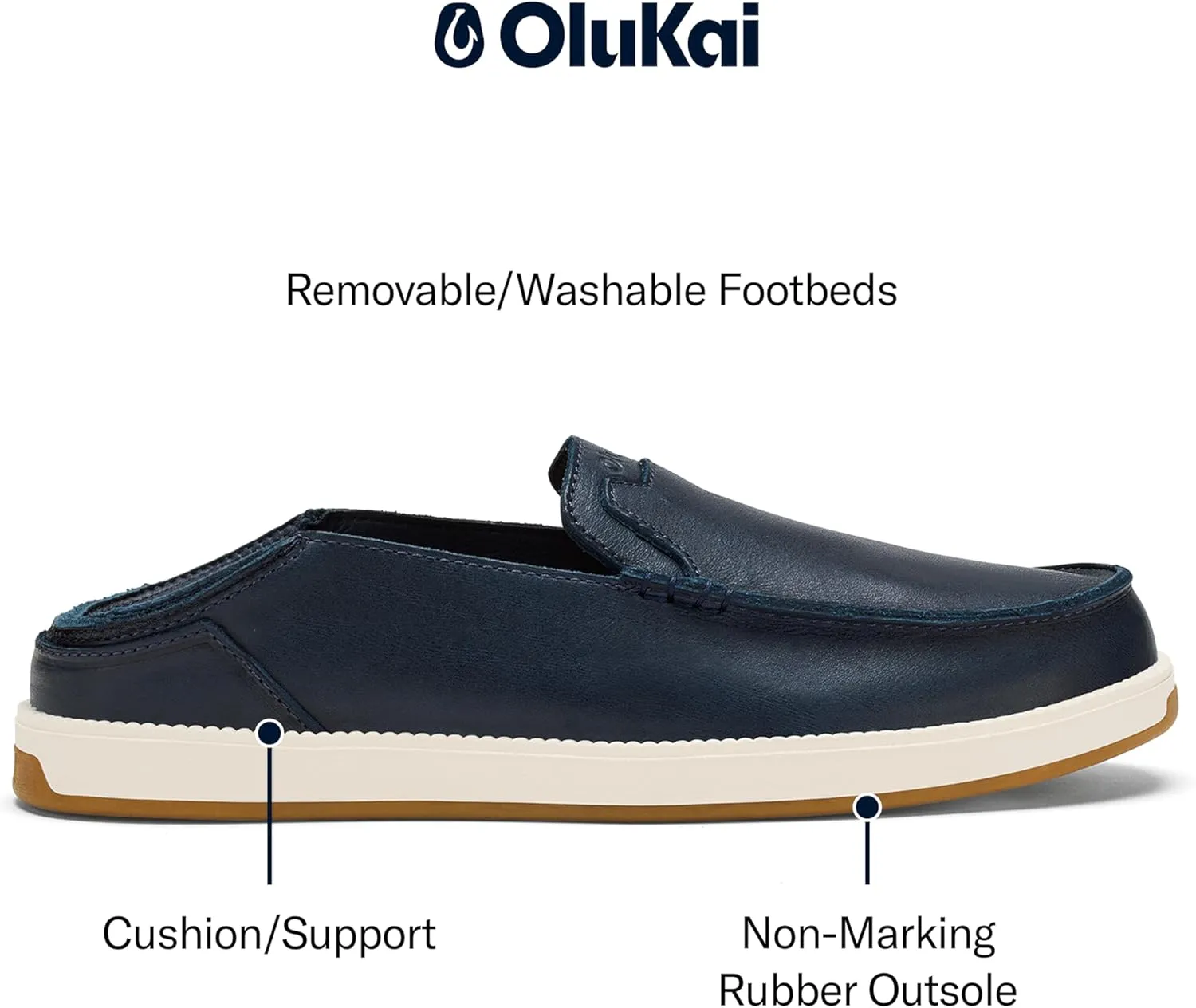 OLUKAI Kakaha Nia Men's Leather Sneakers, Supple Full-Grain Leather Shoes, Drop-in Heel & All Weather Rubber Soles