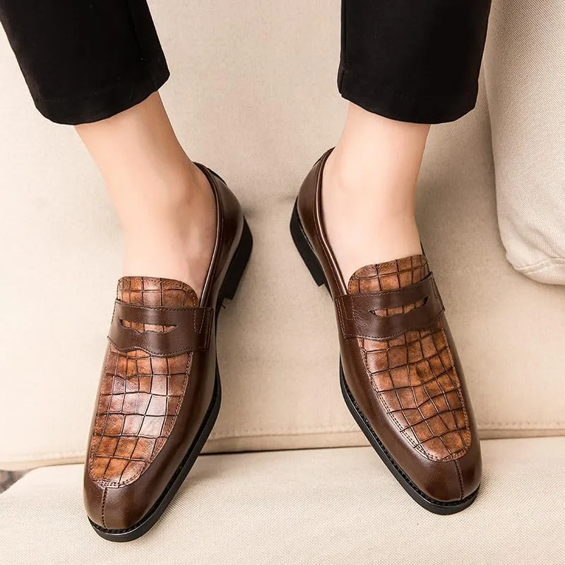 Santimon Mens Penny Loafers with Alligator Print Leather Business Dress Slip on Formal Loafer Shoes for Men