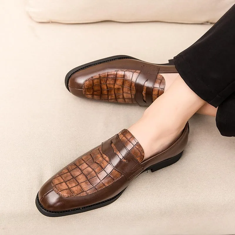Santimon Mens Penny Loafers with Alligator Print Leather Business Dress Slip on Formal Loafer Shoes for Men