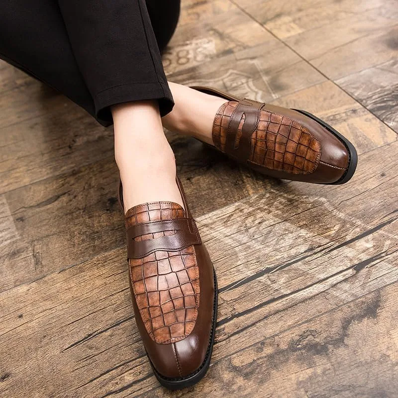 Santimon Mens Penny Loafers with Alligator Print Leather Business Dress Slip on Formal Loafer Shoes for Men