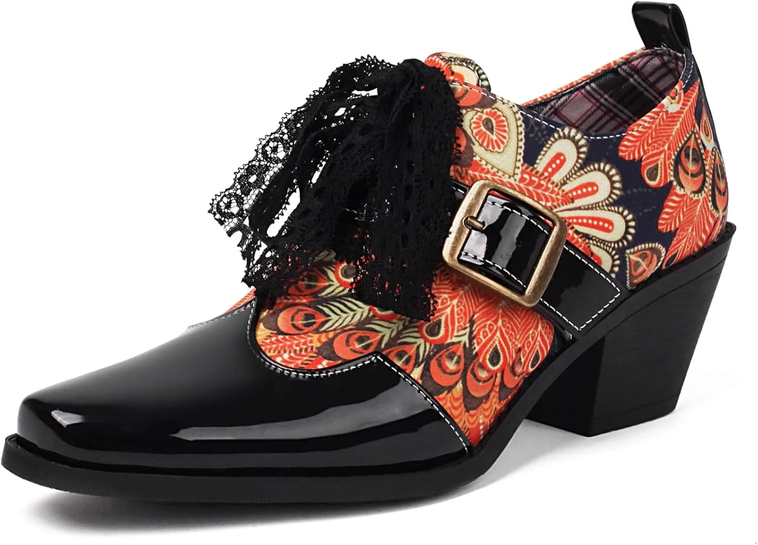 SHEMEE Women's Monk Strap Oxfords Loafers Shoes Chunky Heels Almond Square Toe Vintage Wingtip Brogues British Buckled Business Dress Pumps