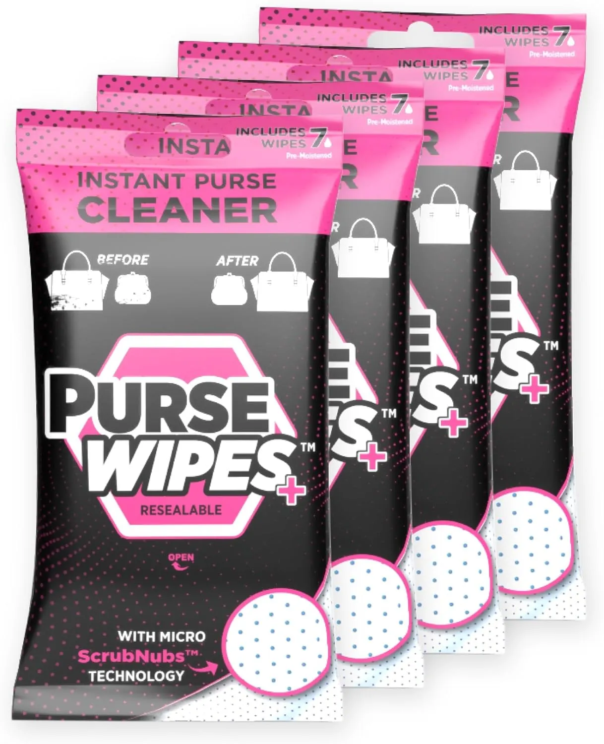 SneakERASERS: PurseWIPES Purse Cleaner Wipes - Portable Leather Wipes for Bags, Purses, and Backpacks, Dirt and Scuff Remover with Innovative ScrubNubs, Perfect for Quick Cleaning, 4-Pack