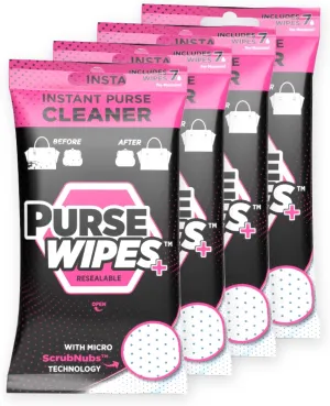SneakERASERS: PurseWIPES Purse Cleaner Wipes - Portable Leather Wipes for Bags, Purses, and Backpacks, Dirt and Scuff Remover with Innovative ScrubNubs, Perfect for Quick Cleaning, 4-Pack